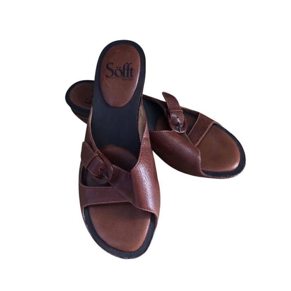 Sofft Leather Comfort Slide Sandals Women's 6.5 M Brown Strappy Wedge